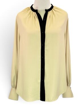 Equipment Women Beige Causette Contrast Black Trim Long Sleeve Blouse Top Size M